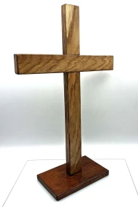 Krzyż stojący drewniany, duży - 41 cm - Orzech + egzotyczne