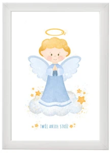 Plakat religijny "Twój Anioł Stróż" niebieski - A4 - do umieszczenia w ramie