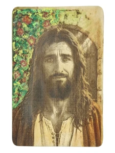 Obraz Pana Jezusa na desce bukowej - Wypalany laserowo - 20 x 30 cm - malowany