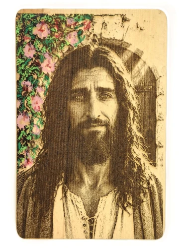 Obraz Pana Jezusa na desce bukowej - Wypalany laserowo - 20 x 30 cm - malowany nr. 2
